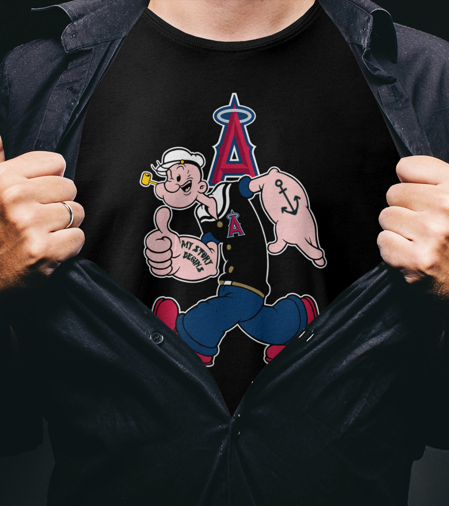 Popeye Thumbs Up Los Angeles Angels Mlb Collaboration With My Story Begins Anchor Tattoo T-Shirt