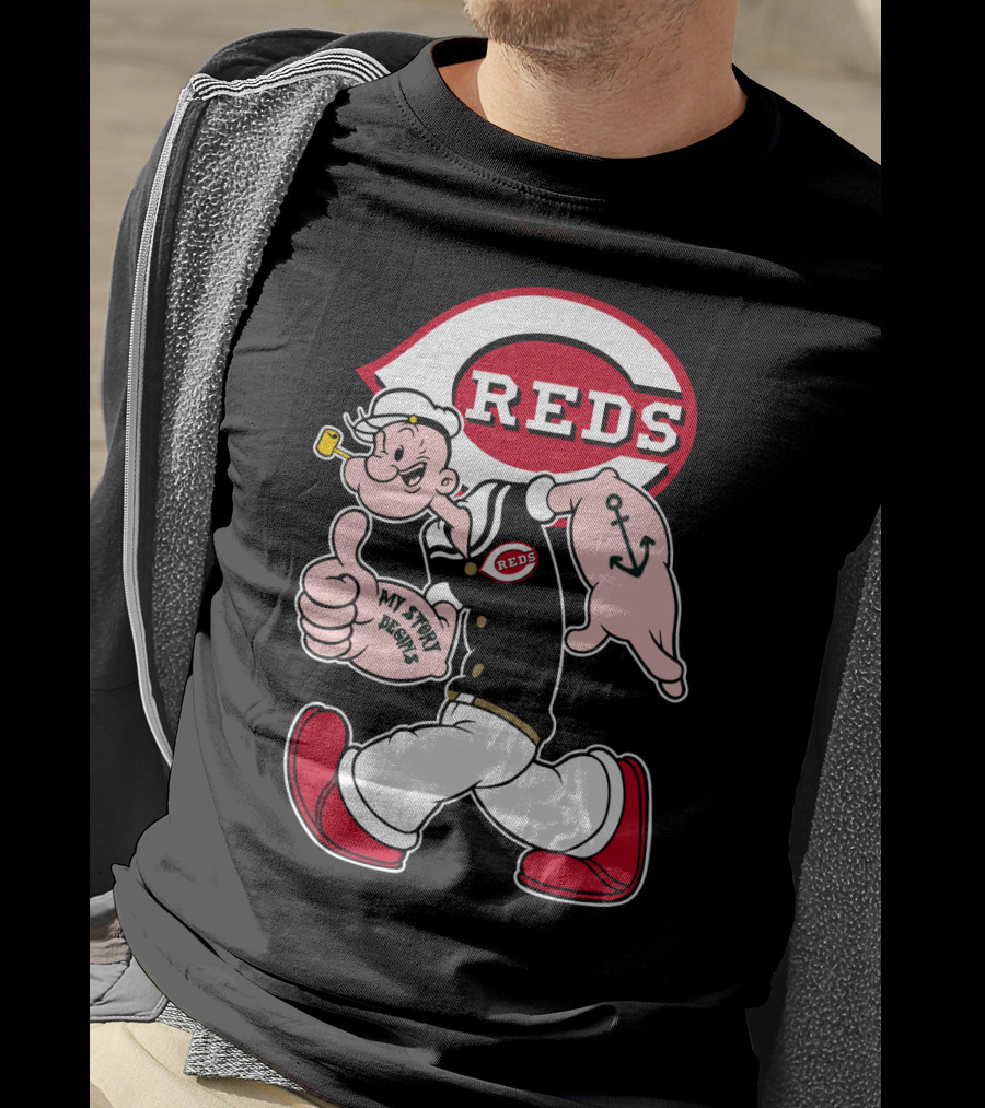 Cincinnati Reds Popeye Cartoon Character Collaboration T-Shirt