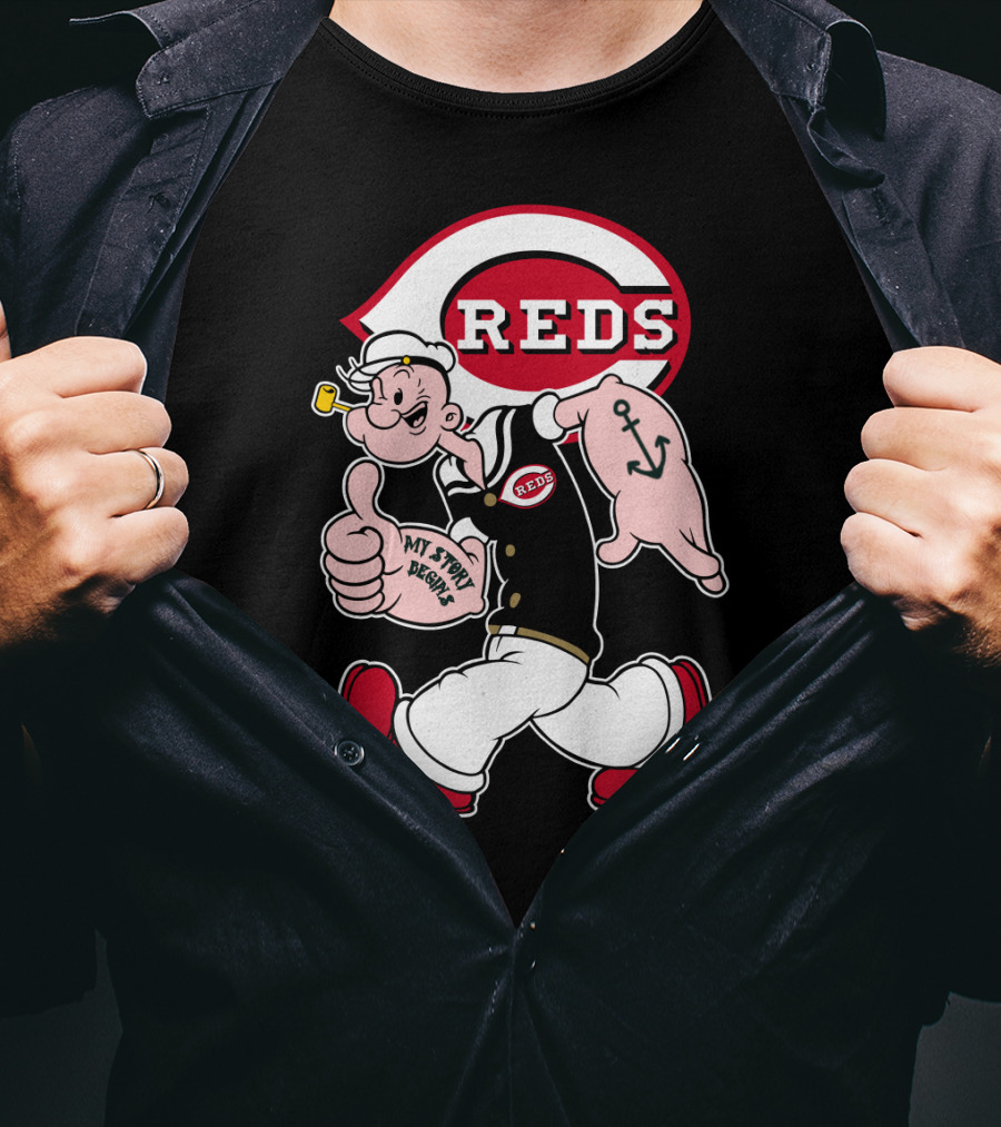 Cincinnati Reds Popeye Cartoon Character Collaboration T-Shirt