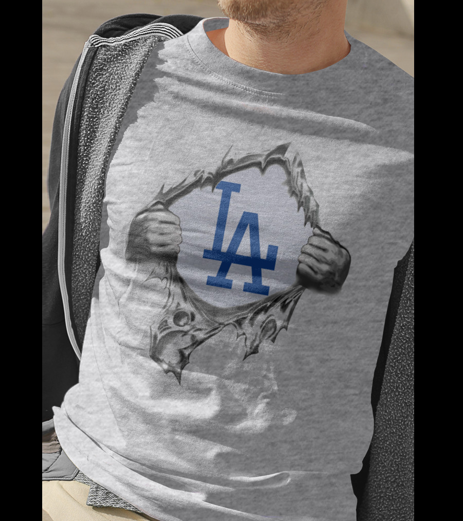 La Dodgers Logo Ripped Through Gray T-Shirt