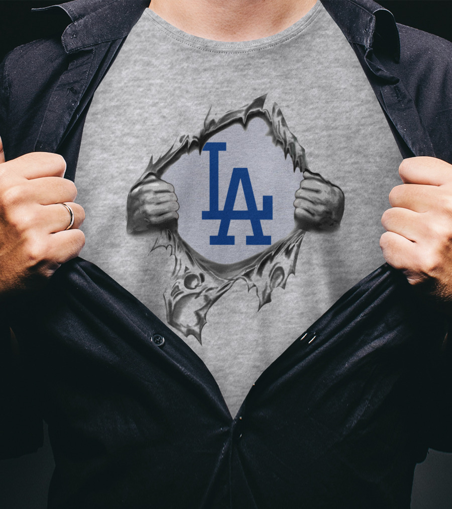 La Dodgers Logo Ripped Through Gray T-Shirt