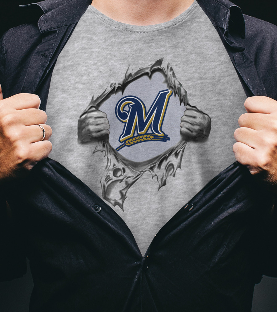 Milwaukee Brewers Ripped Metal Logo With Hands And Baseball Wheat Symbol T-Shirt