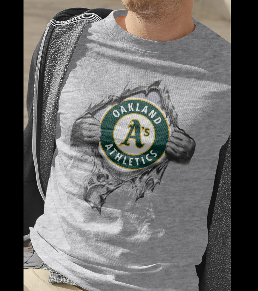 Oakland Athletics A's Emblem Revealed Through Torn Fabric T-Shirt