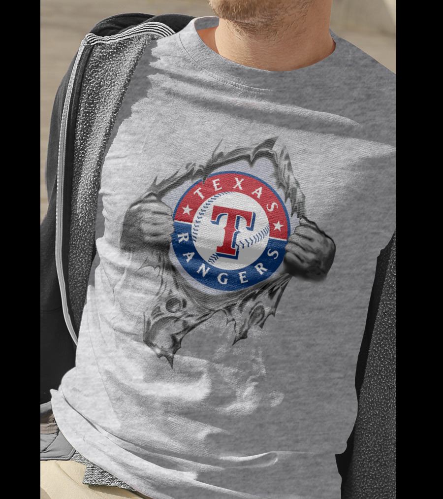 Texas Rangers Baseball Logo With Hands Tearing Through T-Shirt