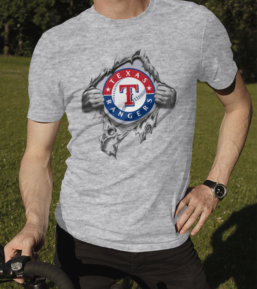 Texas Rangers Baseball Logo With Hands Tearing Through T-Shirt