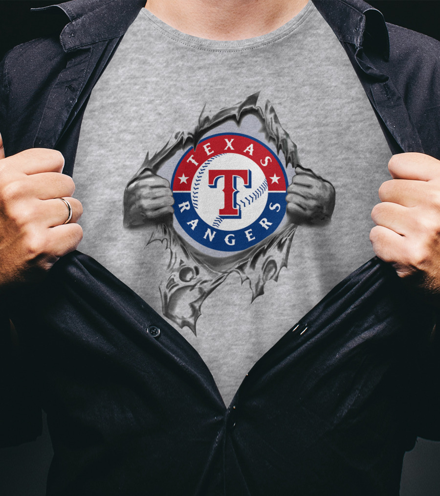 Texas Rangers Baseball Logo With Hands Tearing Through T-Shirt