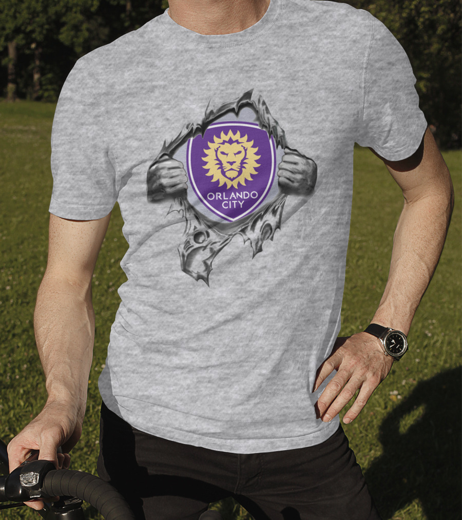 Orlando City Sc Lion Shield Peeking Through Ripped Gray T-Shirt