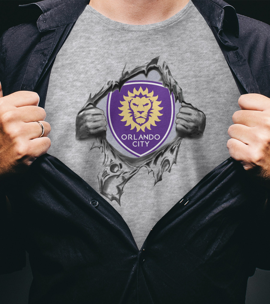 Orlando City Sc Lion Shield Peeking Through Ripped Gray T-Shirt
