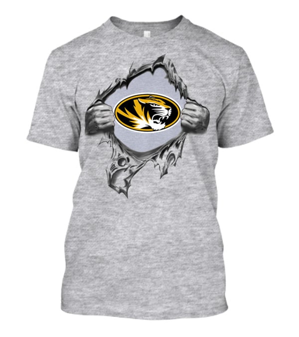 Missouri Tigers Logo Ripping Through Gray T-Shirt