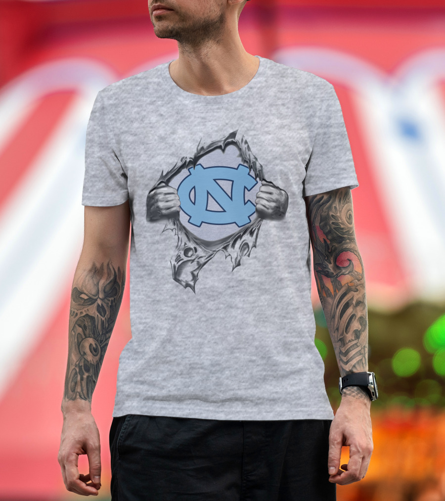 Unc Tar Heels Logo Peeking Through Ripped Gray Fabric T-Shirt