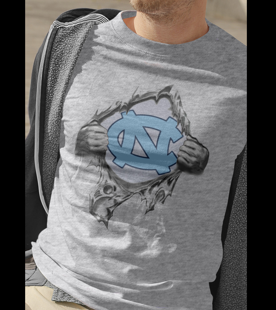 Unc Tar Heels Logo Peeking Through Ripped Gray Fabric T-Shirt