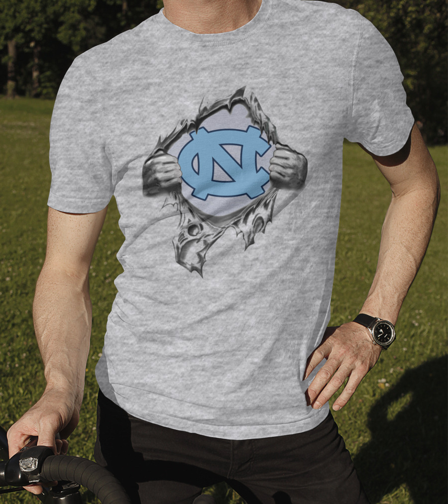 Unc Tar Heels Logo Peeking Through Ripped Gray Fabric T-Shirt