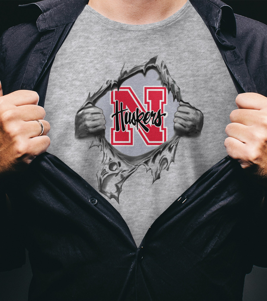 Nebraska Huskers Logo Inside Ripped Design With Hands And Red N T-Shirt