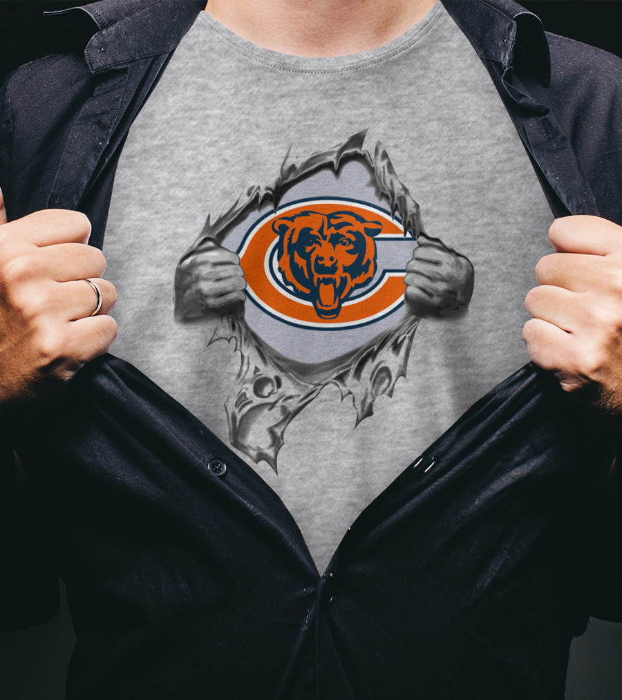 Chicago Bears Logo In Ripped Background With Orange Bear Face T-Shirt