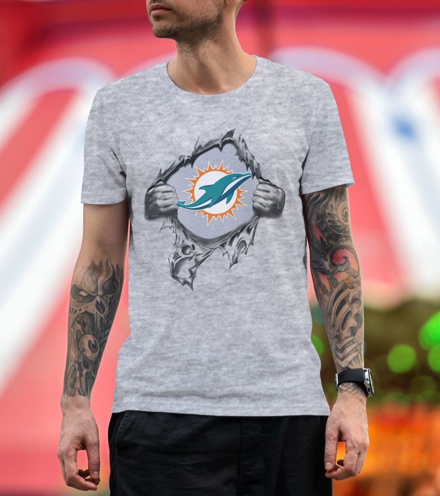 Miami Dolphins Logo In Ripped Metal Design Featuring Team T-Shirt