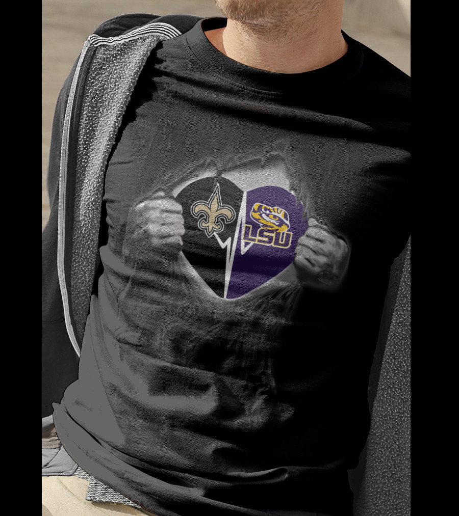 New Orleans Saints And Lsu Tigers Heart Rip T-Shirt