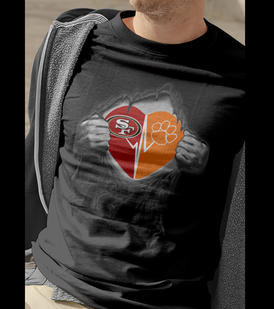 Clemson Tigers Heartbeat With San Francisco 49ers Logo Fusion T-Shirt