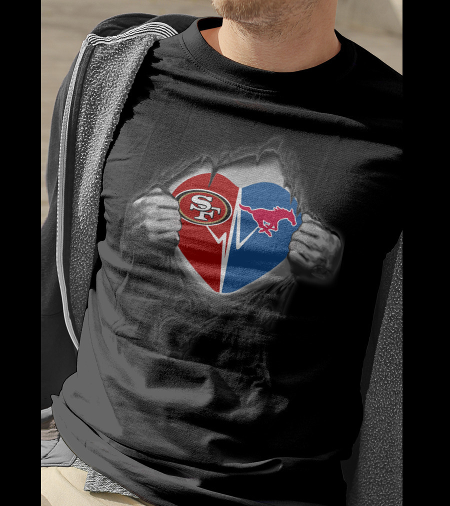San Francisco 49ers Heart With Smu Mustangs Logo On Distressed Black T-Shirt