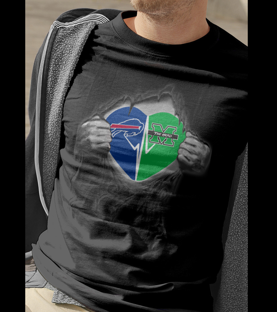 Buffalo Bills And Marshall Thundering Herd Heart Emblem With Torn Hands T-Shirt