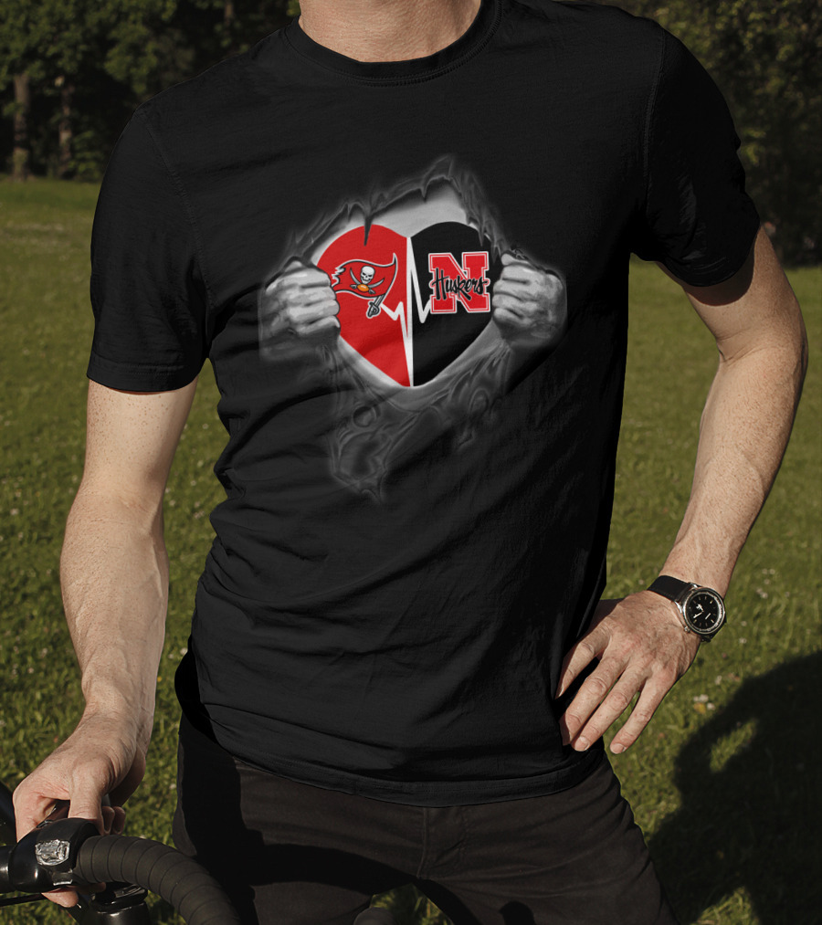 Tampa Bay Buccaneers And Nebraska Cornhuskers Heart Logo Combination T-Shirt