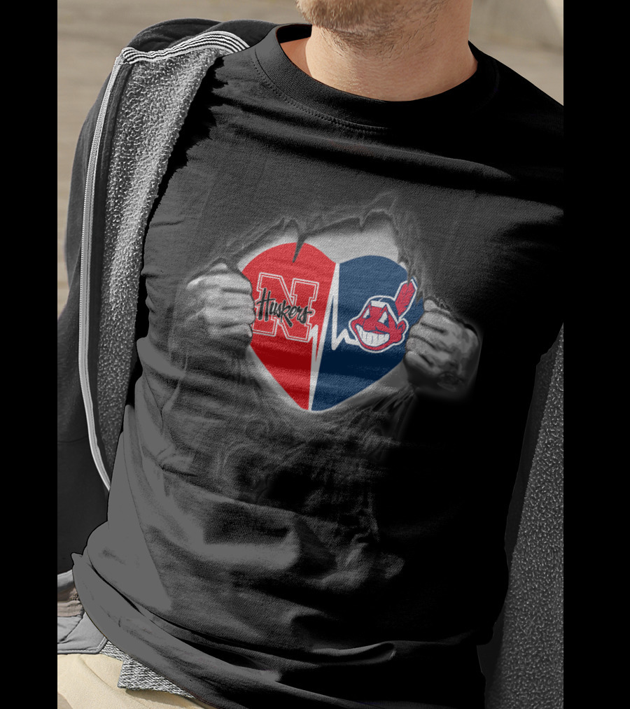 Nebraska Cornhuskers Cleveland Indians Heart Split T-Shirt