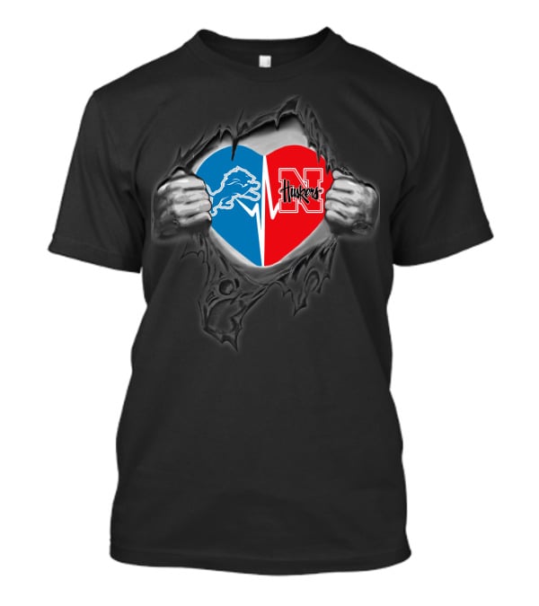 Detroit Lions Nebraska Huskers Heart Torn Open T-Shirt