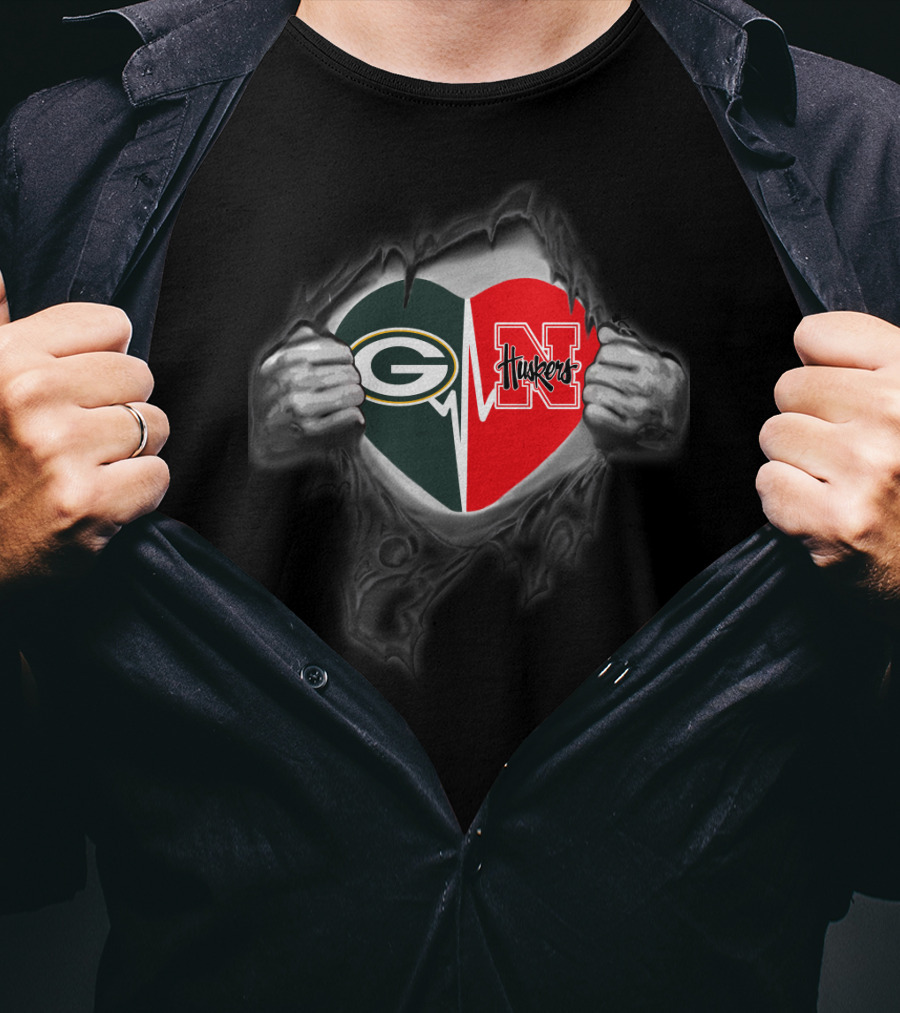 Green Bay Packers Nebraska Cornhuskers Heart Rip T-Shirt