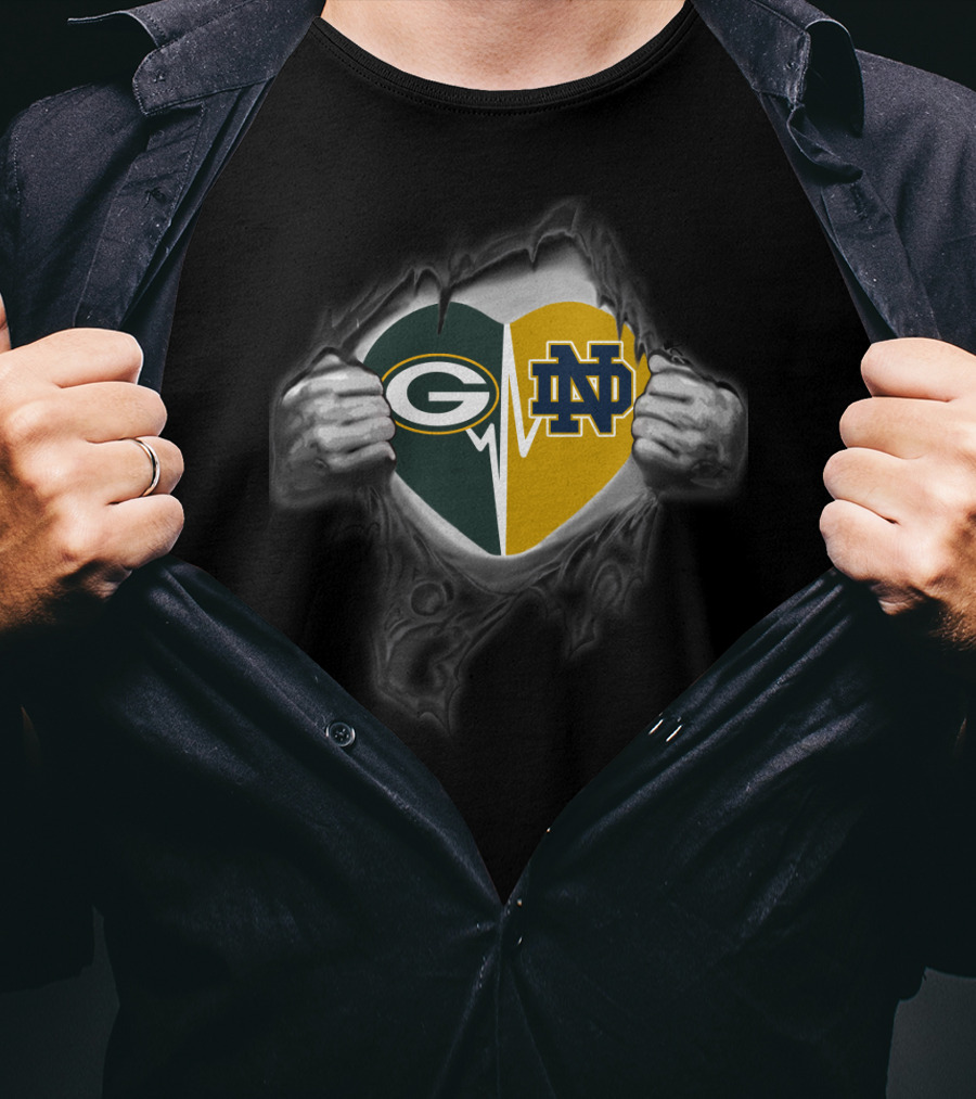 Packers Notre Dame Heart With Torn Design And Logos T-Shirt