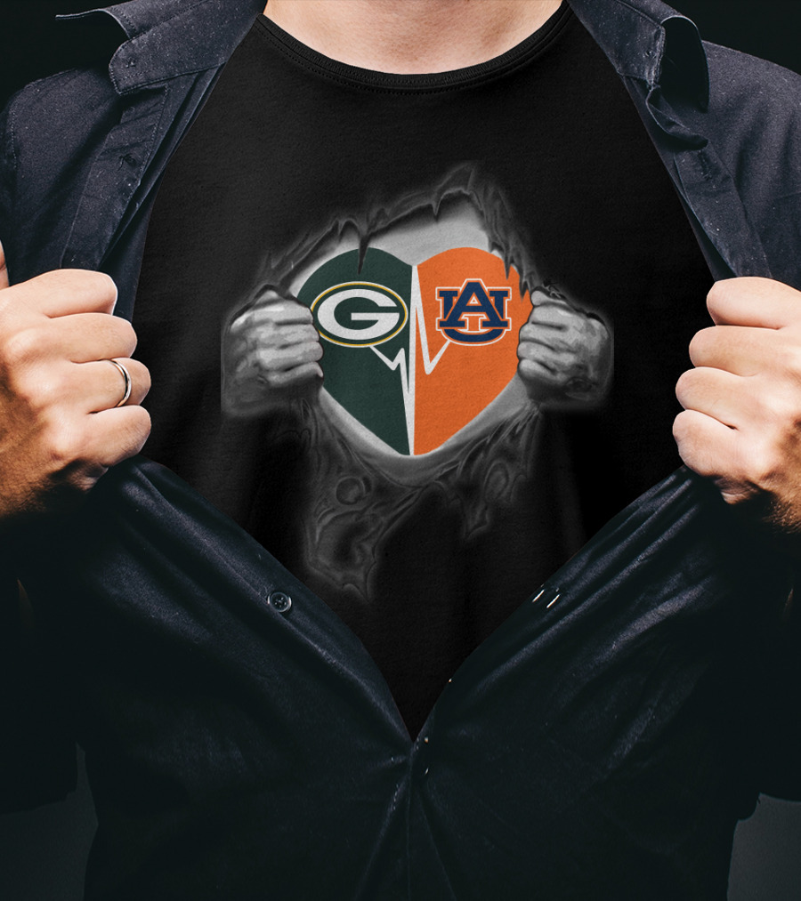 Packers Auburn Heart Split With Green Bay And Auburn Logos T-Shirt