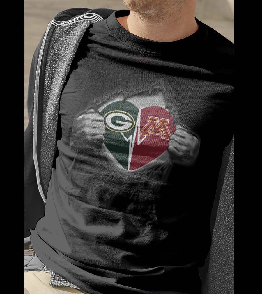 Packers Heart Minnesota Golden Gophers Logo Split Inside Torn Skin T-Shirt