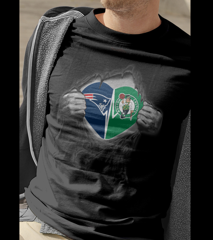 New England Patriots Boston Celtics Heart Duo T-Shirt