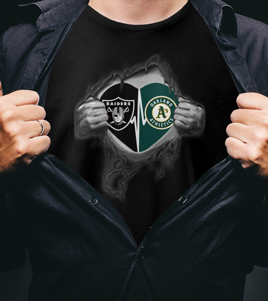 Raiders Oakland Athletics Dual Logo Inside Heart Torn T-Shirt
