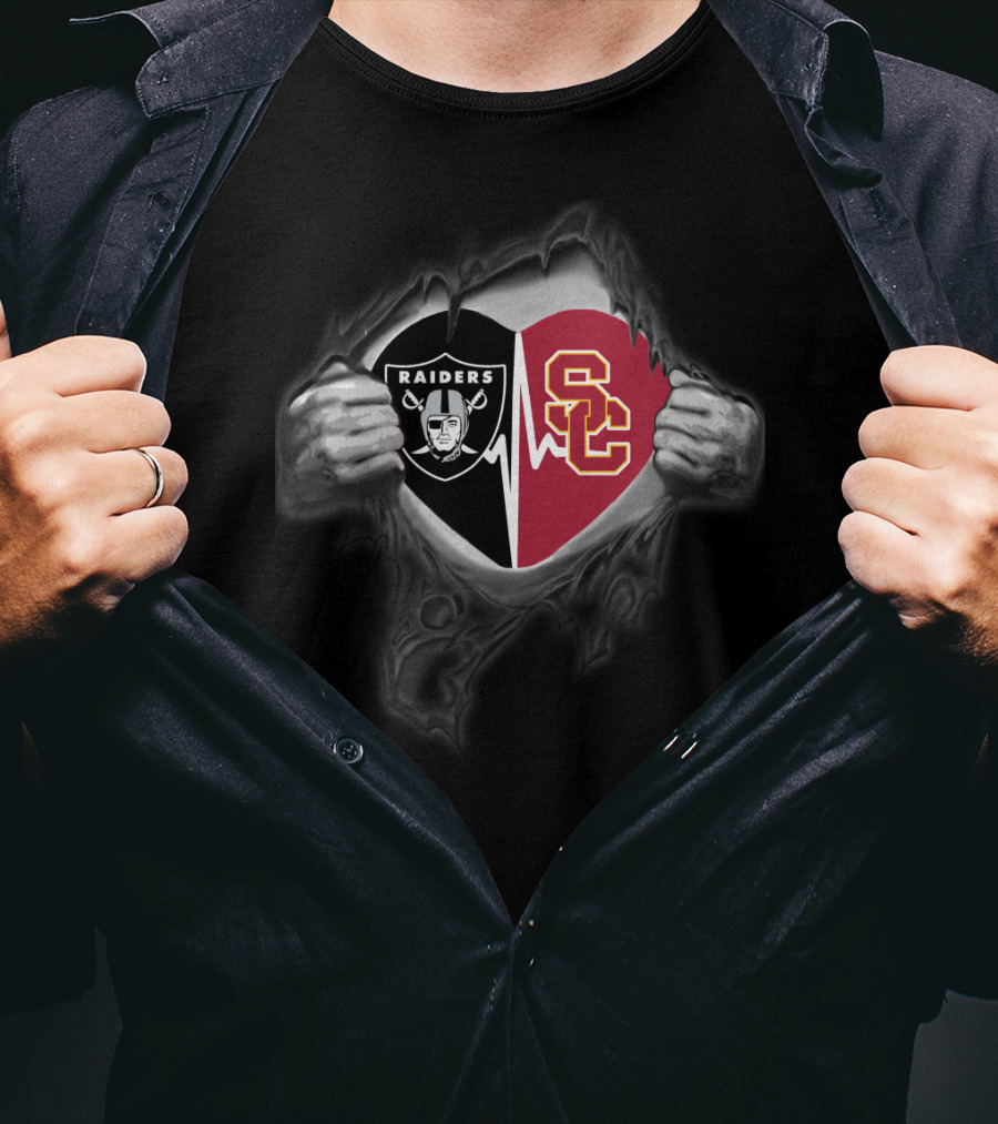 Raiders Trojans Heartbeat Fusion With Raiders Logo And Sc T-Shirt