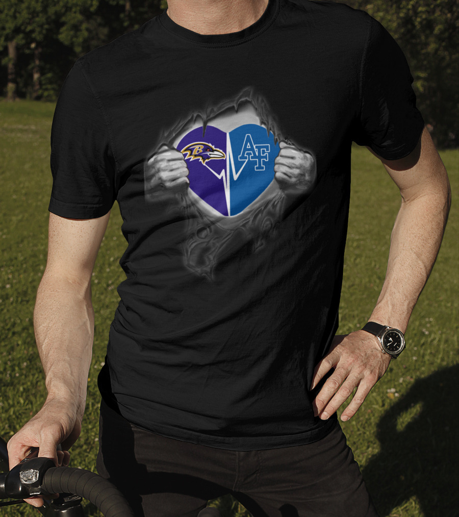 Ravens And Air Force Falcons Heart Design With Torn Fabric Effect T-Shirt