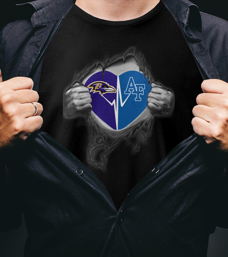 Ravens And Air Force Falcons Heart Design With Torn Fabric Effect T-Shirt