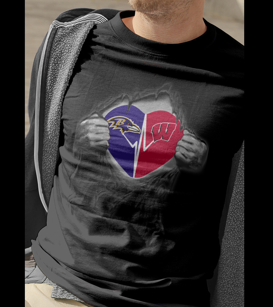 Baltimore Ravens Wisconsin Badgers Heart Logo Fusion T-Shirt