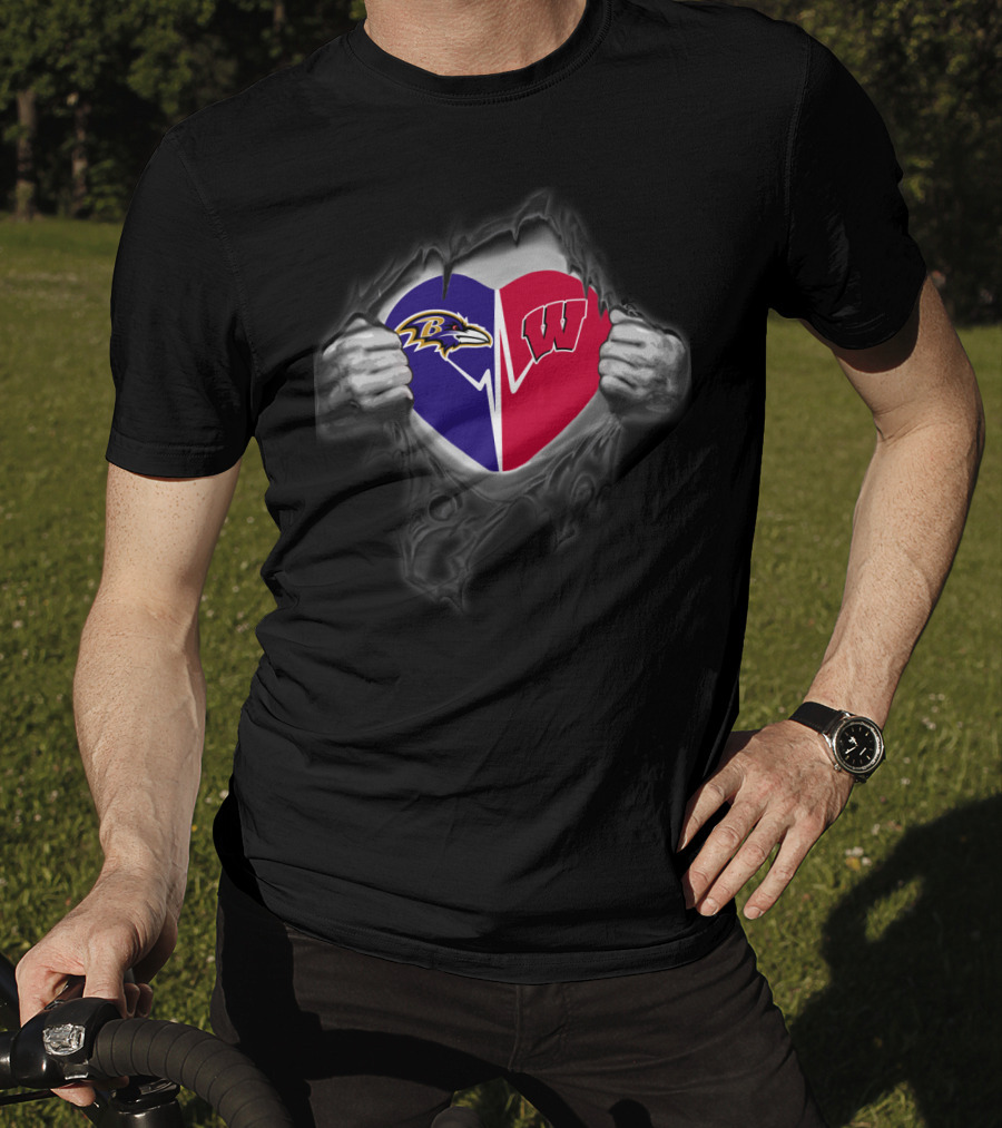 Baltimore Ravens Wisconsin Badgers Heart Logo Fusion T-Shirt