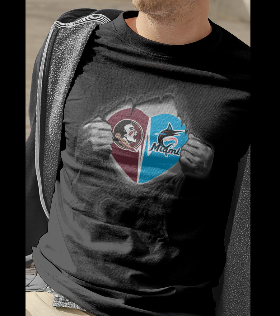 Seminoles Miami Split Heart Icon With Hands Ripping Open T-Shirt