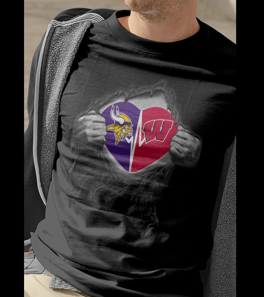 Vikings Wisconsin Badgers Split Heart Symbol T-Shirt