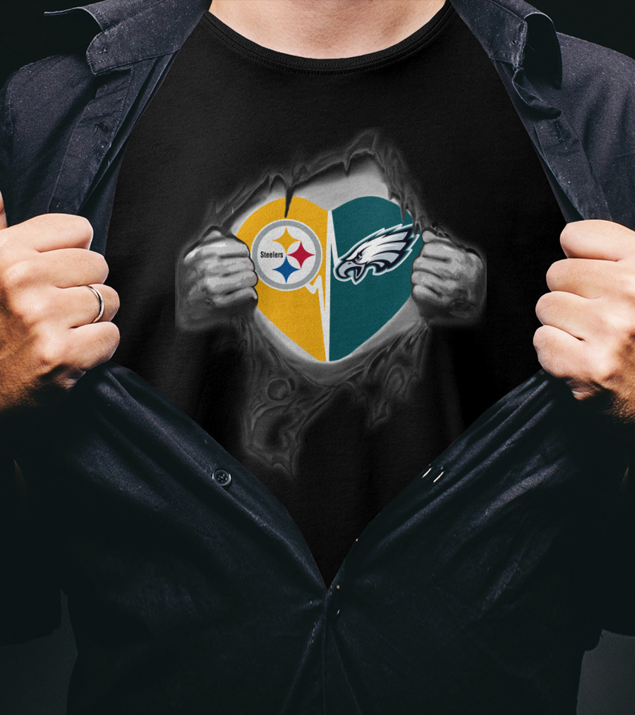 Steelers Eagles Heart Logo Dual Team Fan Pride T-Shirt