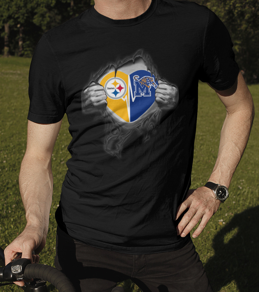 Steelers Memphis Tigers Heart Logo Fusion T-Shirt