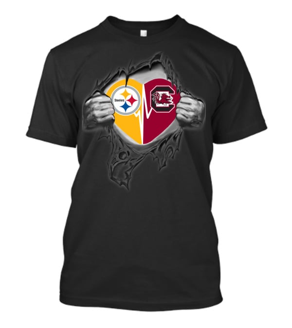 Steelers And South Carolina Gamecocks Heart Design With Ripped Hands Effect T-Shirt