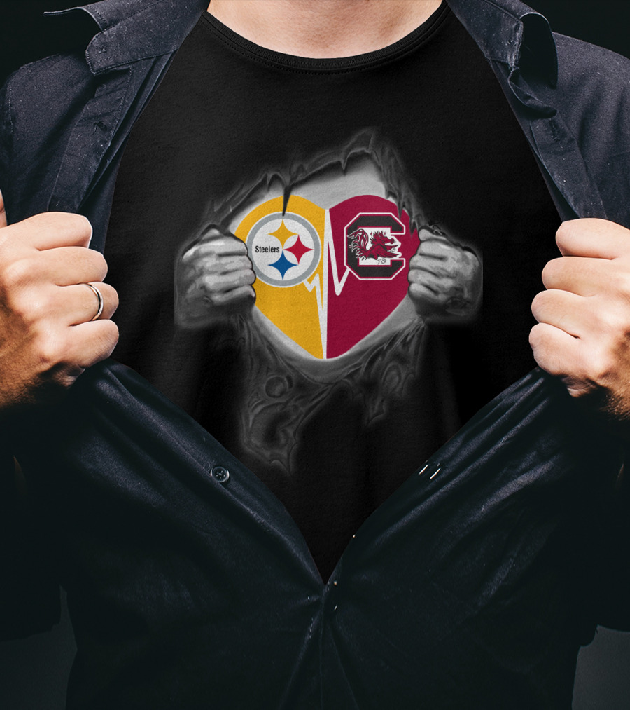 Steelers And South Carolina Gamecocks Heart Design With Ripped Hands Effect T-Shirt