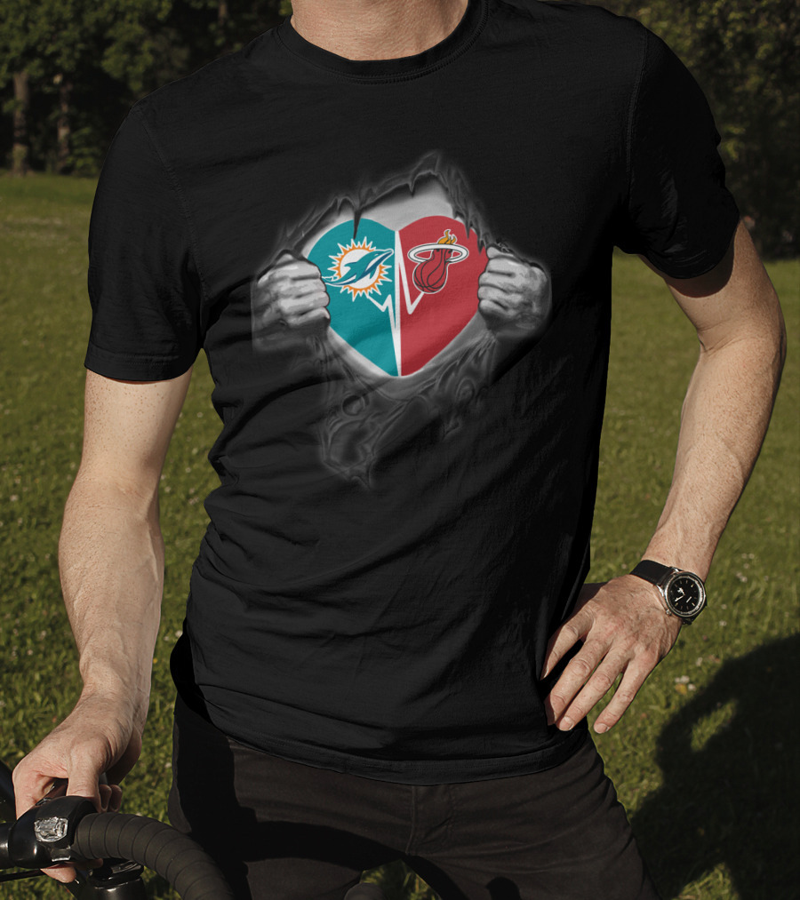 Miami Dolphins Miami Heat Heart Logo Fusion T-Shirt