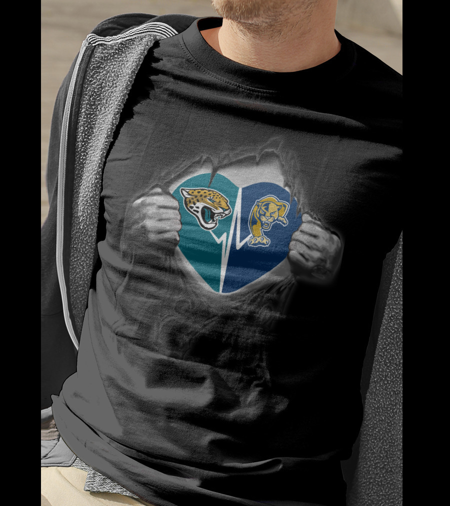 Jacksonville Jaguars Florida International Panthers Super Fan Heart Rip T-Shirt