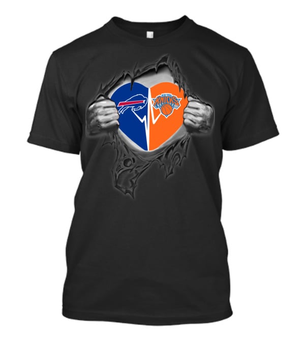 Buffalo Bills New York Knicks Heart Logos Fusion T-Shirt