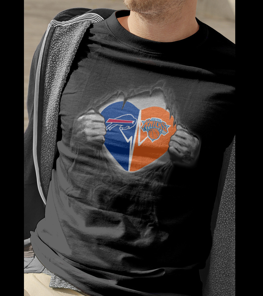 Buffalo Bills New York Knicks Heart Logos Fusion T-Shirt