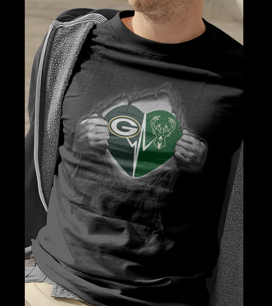 Green Bay Packers Milwaukee Bucks Heart Torn T-Shirt