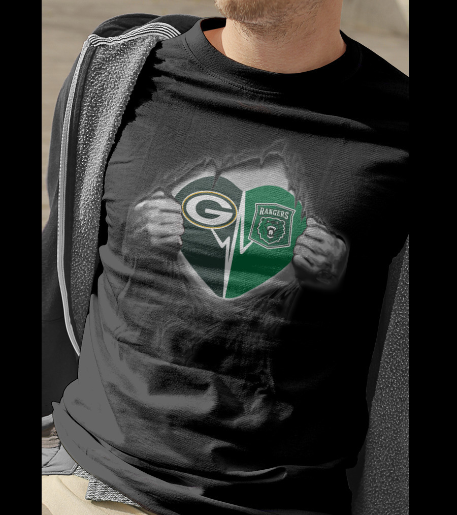 Packers Heart With Rangers Bear Green Crest T-Shirt