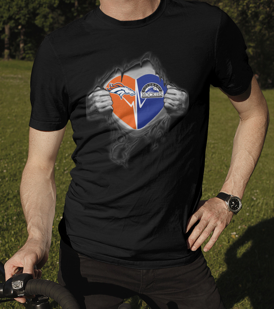 Broncos Heart With Colorado Rockies Logo Mountain T-Shirt